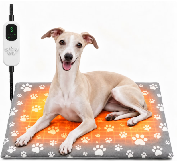 LAKWAR Pet Heating Pad for Dogs & Cats, 9 Adjustable Temperature with Timer, Washable Soft Fleece Cover, 23.4 x 17.5 Inch Safe Heated Bed for Indoor Pet Crate Floor