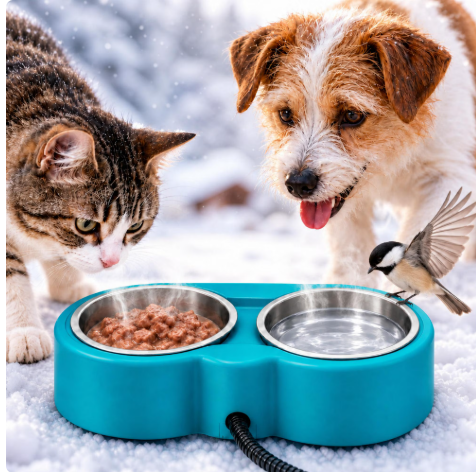 LAKWAR Double Heated Pet Bowl, 46oz Stainless Steel Dog & Cat Water Bowl with Chew Proof Cord for Outdoor Winter Use